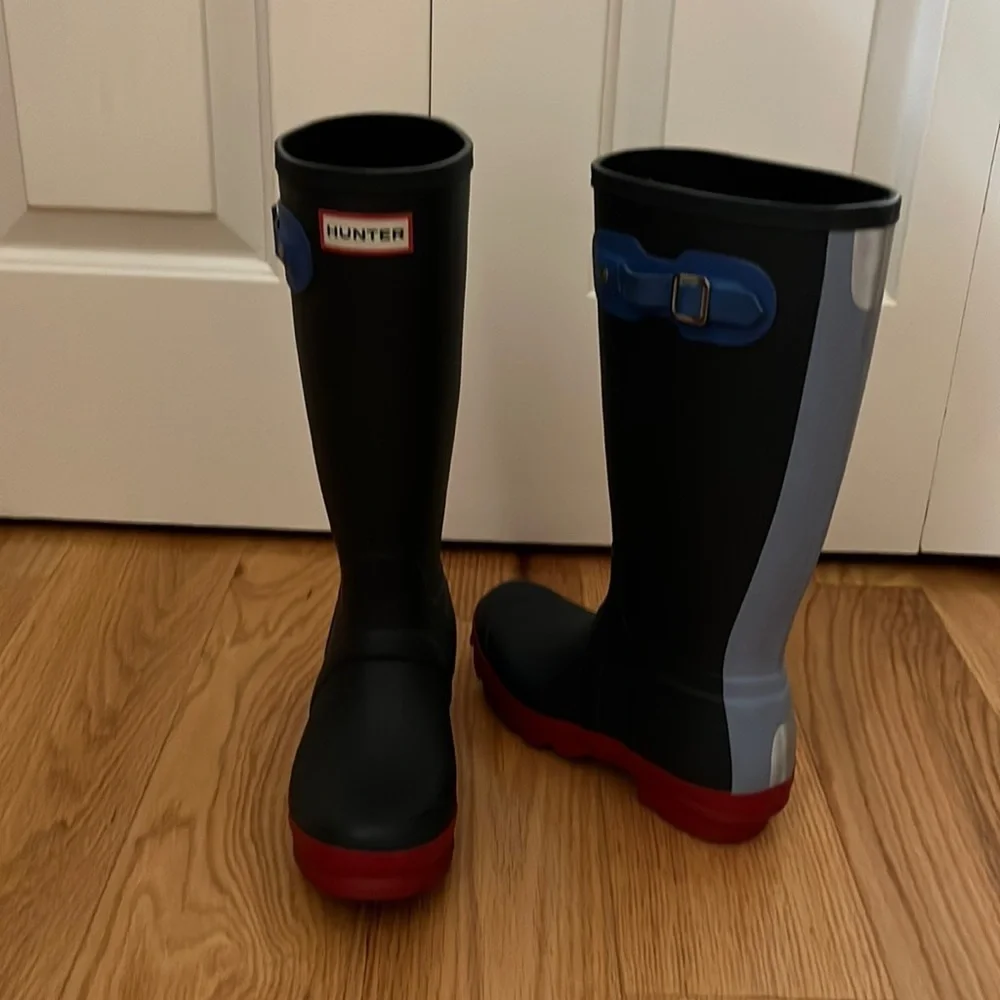Hunter limited edition red & blue color block reflective boots Sz 5 - Picture 2 of 12